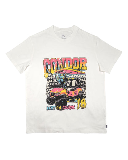 A white t-shirt featuring a colourful retro graphic of a golf cart and checkered flags.