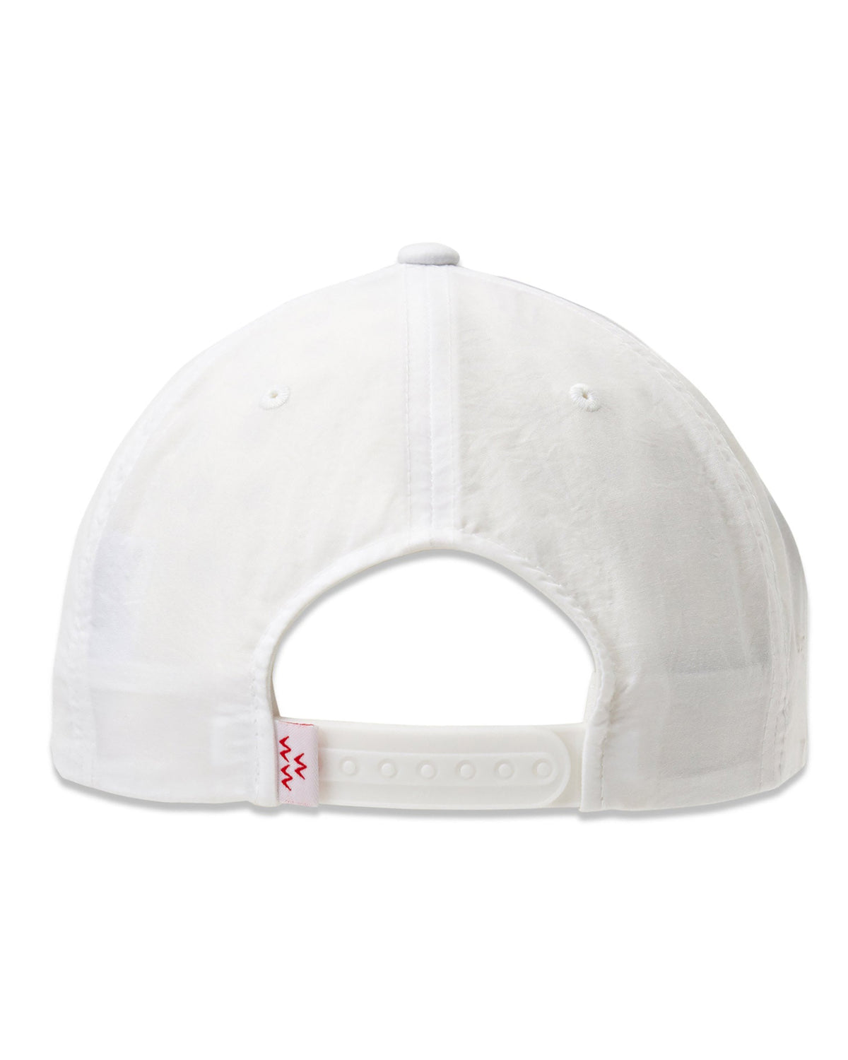 Back of a white nylon snapback cap featuring an adjustable plastic strap and small red tag branding.