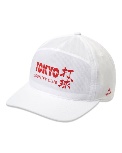 White cap featuring red Tokyo Country Club lettering and Japanese characters across the front panels.