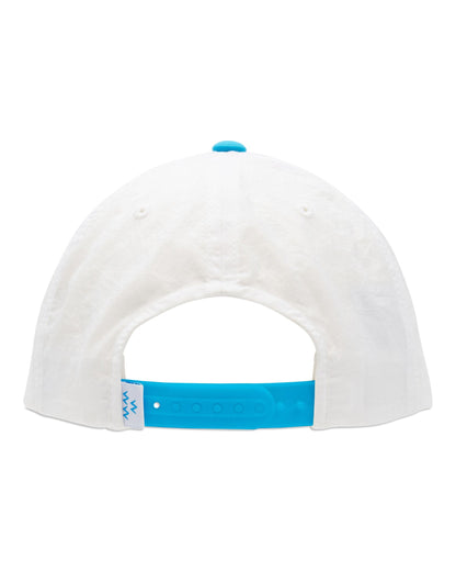Back of a white five-panel snapback with a bright blue strap, top button, and a small branded tag on the closure.