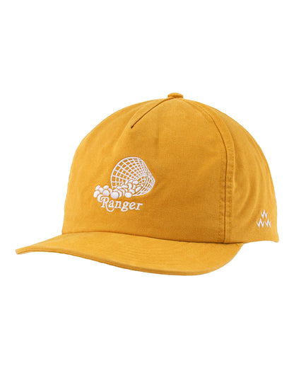 Mustard yellow five-panel hat featuring a white embroidered graphic of spilled golf balls and text.