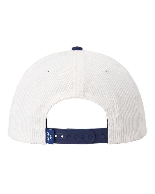 Back view of a white corduroy snapback cap featuring an adjustable blue plastic strap closure.