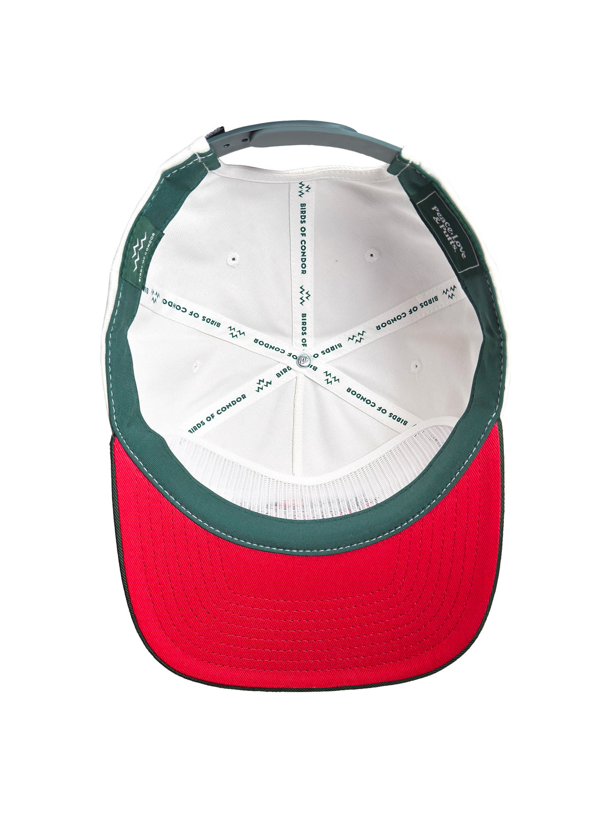 Red and green cap with white interior on a white background