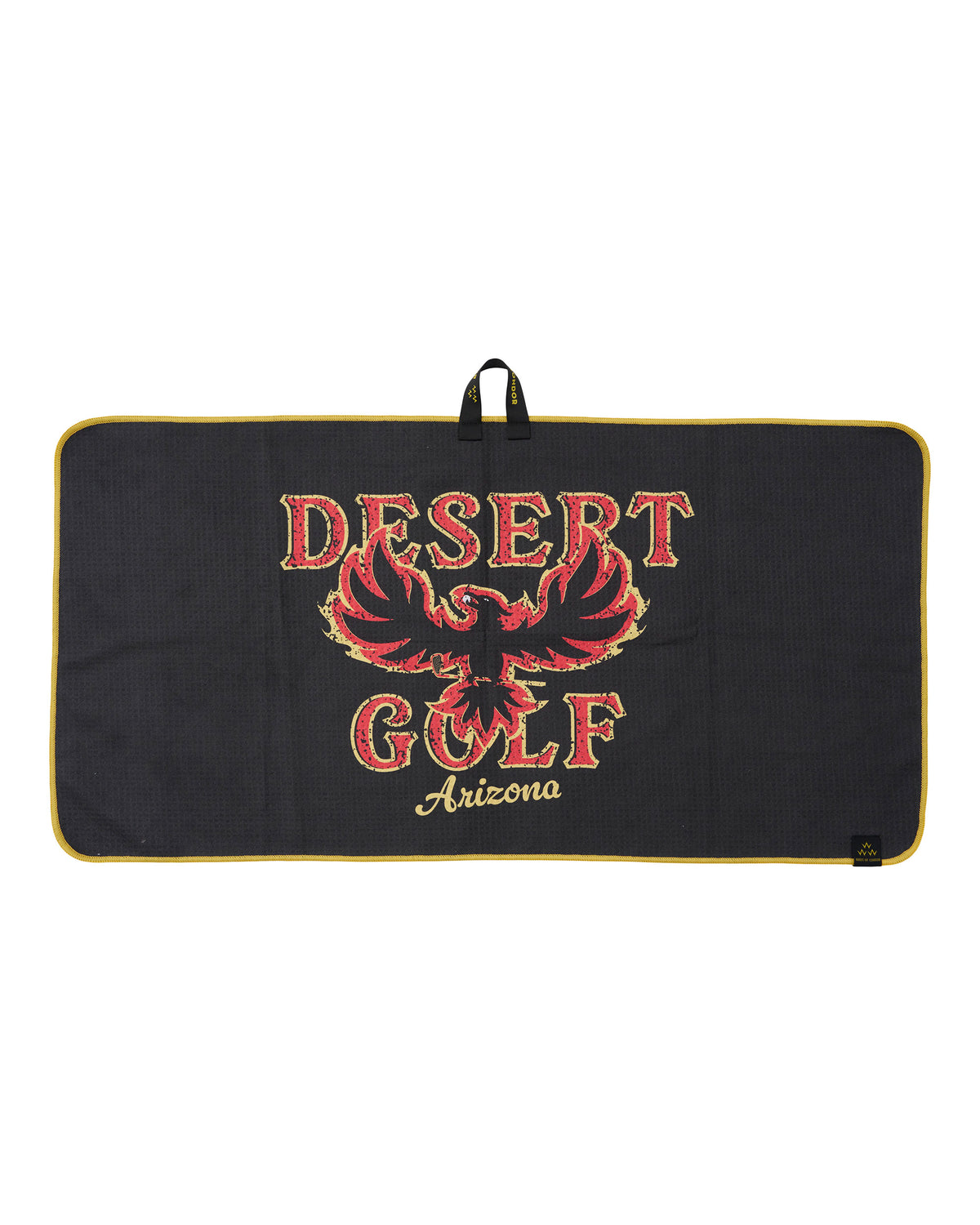 A black rectangular golf towel with a gold trim and handle, featuring a red and gold phoenix graphic and the text 'DESERT GOLF Arizona'.
