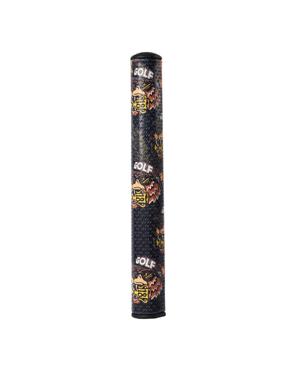Black putter grip with a textured surface and an all-over repeating bear graphic motif.