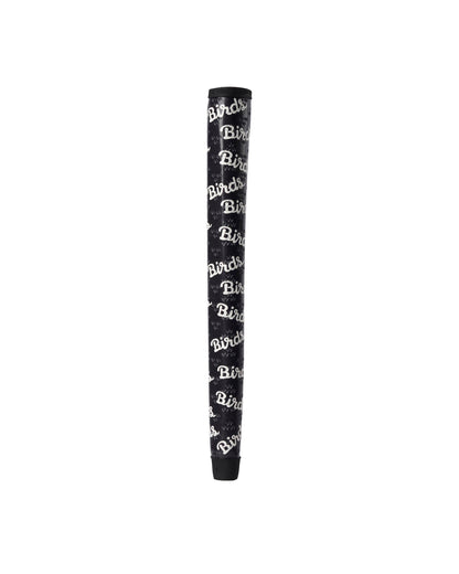 Black putter grip with a repeated white script text design and embossed allover triple eagle logo.