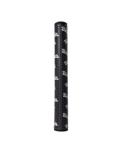 Black putter grip featuring an all-over white script text graphic pattern against a textured surface.