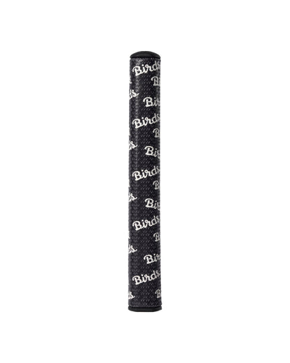 Black putter grip with a textured surface and an all-over white Birds text pattern.
