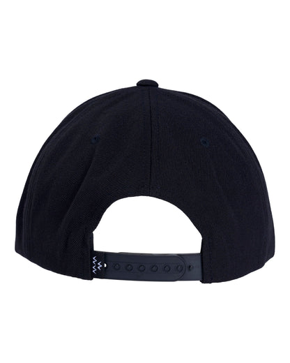 Back of a black 6-panel snapback hat with an adjustable plastic strap and small embroidered tab label.