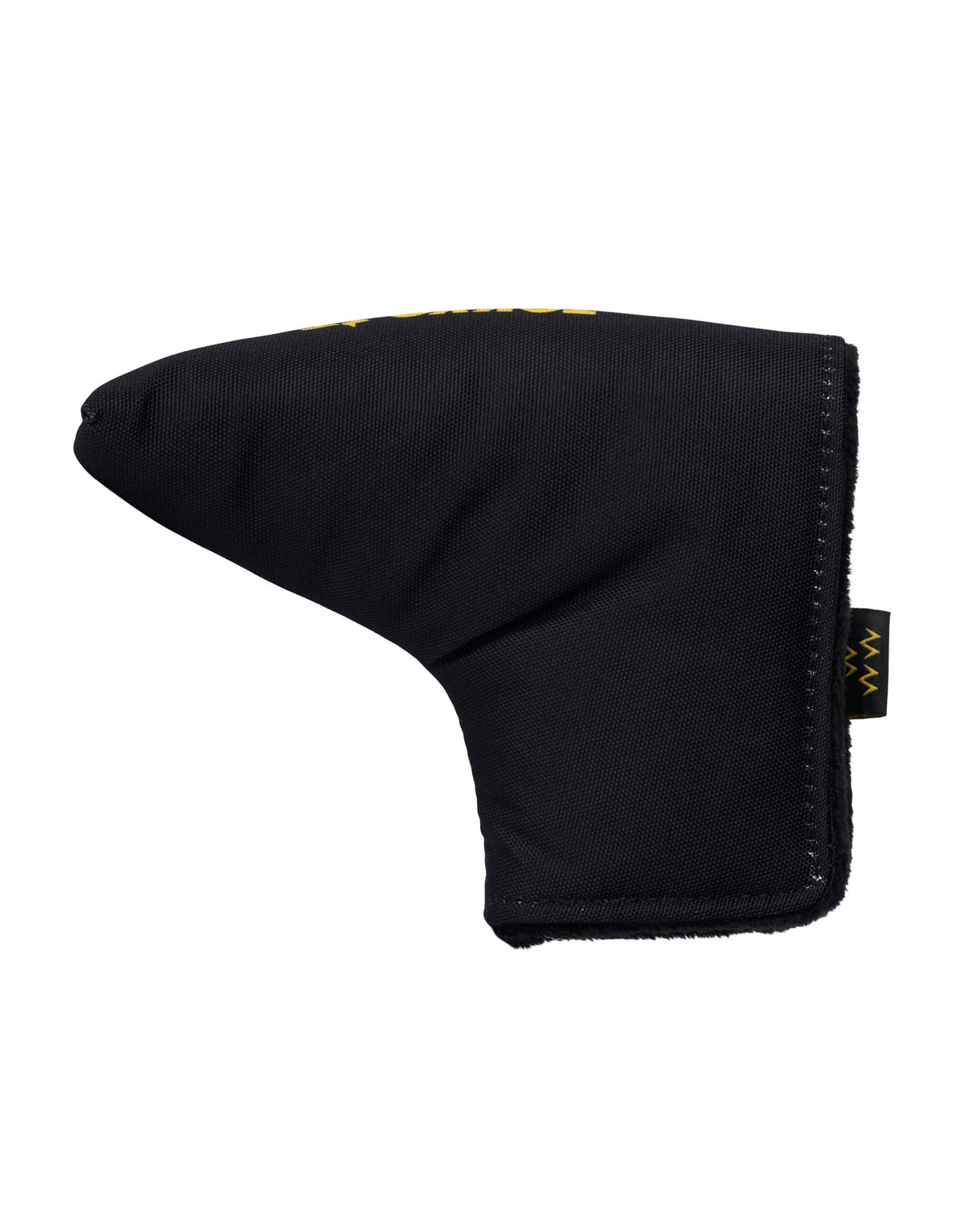 A black blade putter headcover with a small yellow graphic tag on the side edge.