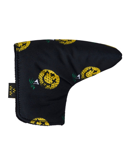Black blade putter headcover featuring an all-over yellow smiley pineapple graphic and small side tag.
