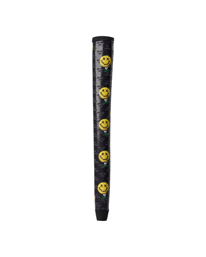 Black putter grip with a repeating yellow smiley face golf ball and eagle logo motif.