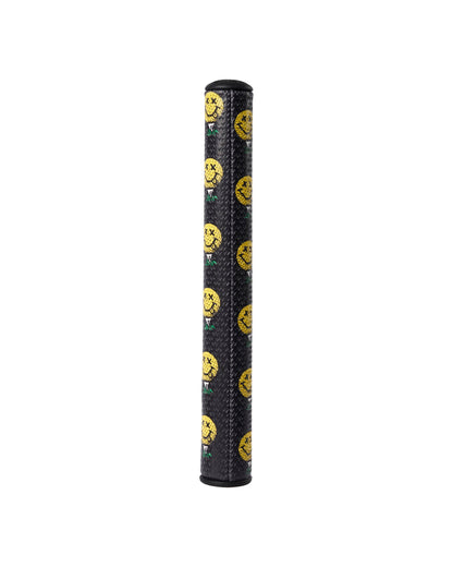 Black putter grip with a textured surface and an all-over yellow smiley face golf ball graphic.