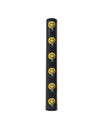 Black putter grip with a textured surface and a repeating yellow smiley face golf ball design.