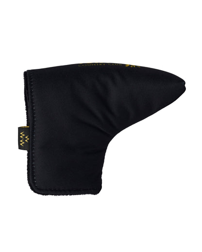 Black blade putter cover featuring yellow text on top and a small side tag with zigzag motifs.
