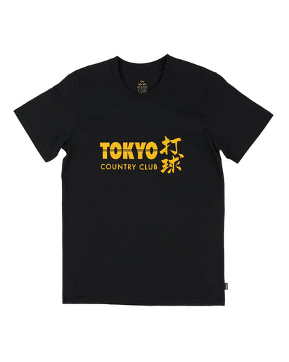 Black crew neck t-shirt with a yellow Tokyo Country Club graphic on the chest.