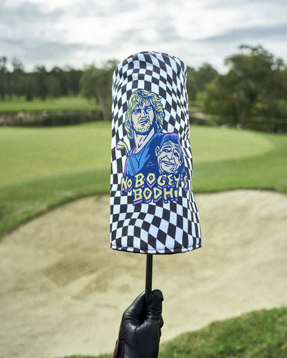 Black and white checkered headcover featuring a graphic of two men and the text No Bogey's Bodhi.
