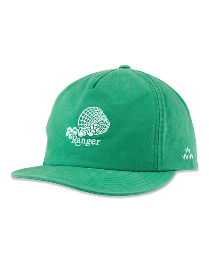 Green unstructured 5-panel hat with a white embroidered Ranger text and spilled golf ball basket logo.