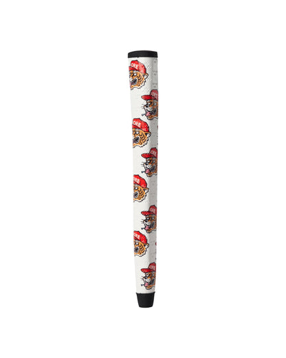White putter grip featuring an all-over repeating graphic of a tiger wearing a red baseball cap.