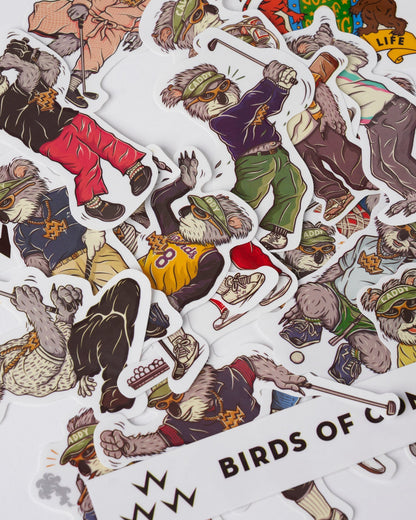 White stickers featuring illustrated golf koalas and a Birds of Condor branded header.