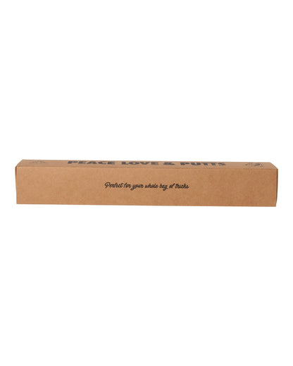 Brown cardboard putter grip packaging printed with black text reading PEACE LOVE & PUTTS and a script slogan.