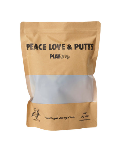 Brown recyclable packaging bag with black text reading PEACE LOVE & PUTTS and a graphic at the base.