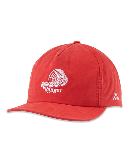 Front of a red five-panel cap with white Ranger spilled golf ball bucket logo and side logo.