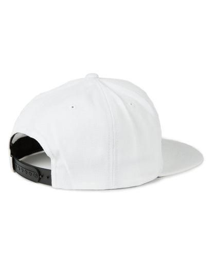 Back of a white snapback cap with a black adjustable plastic strap closure and a flat brim.