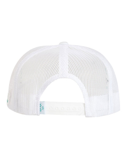 Back of a white trucker hat with a plastic snapback closure, mesh back panels, and a small teal wave graphic.
